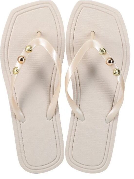Shoes - Gold Sea Shells And Stud Accents On Pearl White Flip Flop Sandals